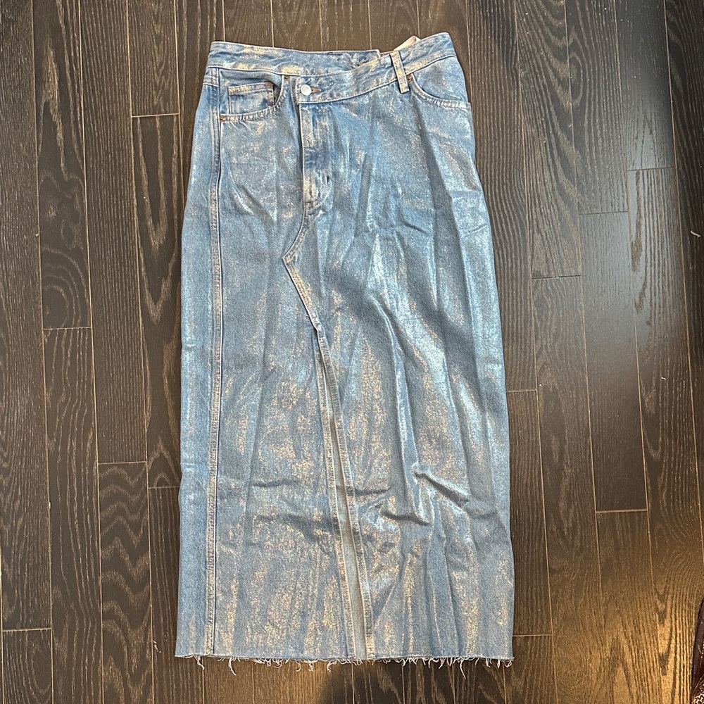 Metallic denim maxi skirt